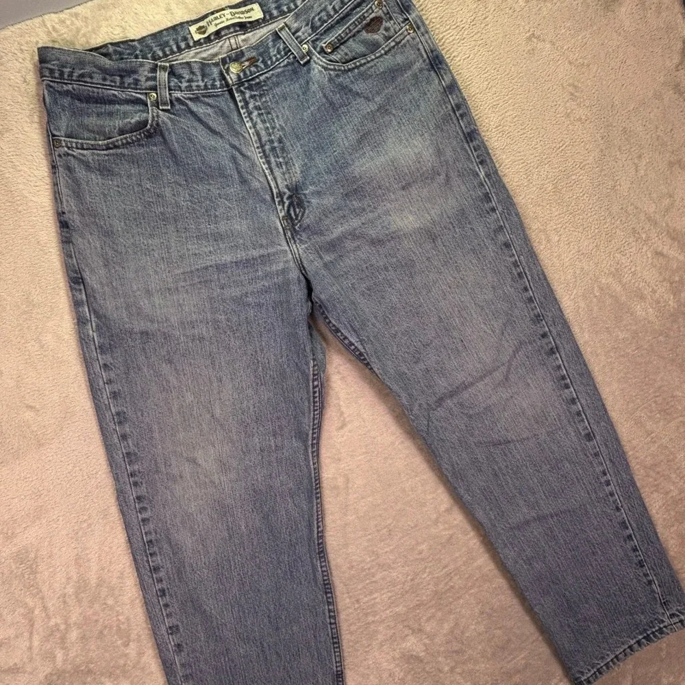 Harley Davidson Mens Jeans 36x30 Blue Straight Leg Embroidered Logo Denim